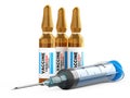 Vaccination against sars virus, coronavirus. Syringe for injecting vaccine and ampoule with the drug. Infection pneumonia