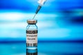 Vaccination. Bottle with vaccine and syringe in front of blue background. Medicine and healthcare concept Royalty Free Stock Photo