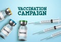 Vaccination campaign vector design. Vaccination campaign text with vaccine shot bottle