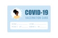 Vaccination card concept. Blank template with female photo. African woman receives Covid 19 vaccine injection. Check of