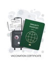 Vaccination certificate. Baggage. Safe travel. Immunity document. Covid 19 immunity symbol sign.