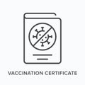 Vaccination certificate flat line icon. Vector outline illustration of document. Black thin linear pictogram for virus