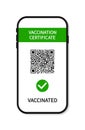 Vaccination certificate. Green pass in covid passport. Passport on smartphone screen. App in phone about immune, test of covid and