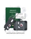 Vaccination certificate. Immunity document. Baggage. Safe travel. Covid 19 immunity symbol sign.