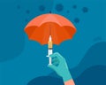 Vaccination concept design. Time to vaccinate banner. Umbrella-shaped syringe with vaccine for COVID-19, flu or