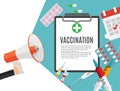 Vaccination concept flat background. Medical awareness flu, polio influenza poster. Vector Illustration