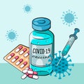 Vaccination Concept Flat Vector Illustration, Pills, Syringe, Coronavirus Vaccination, Covid-19 Vaccine. Health Protection. sars-c