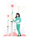 Vaccination concept. Medic girl with a syringe in her hand. A tiny girl in a medical uniform is vaccinating. Vector illustration i