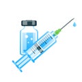 Vaccination concept. Vaccine vial and medical syringe. Medical treatment and healthcare. Isolated vector illustration