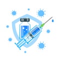 Vaccination concept. Vaccine vial and medical syringe. Virus protection. Isolated vector illustration