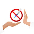 Vaccination or drugs refusal concept. A syringe on the hand in a prohibitory sign and a hand expressing protest.