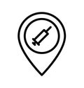 Vaccination flat line icon. Vaccine, syringe, inject, shield . Outline sign mascara for mobile concept and web design