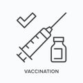 Vaccination flat line icon. Vector outline illustration of syringe and bottle. Black thin linear pictogram for medical