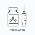 Vaccination flat line icon. Vector outline illustration of syringe and bottle. Black thin linear pictogram for
