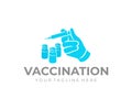 Vaccination, hand with syringe and vaccine, logo design. Medicine, medical and healthcare, vector design Royalty Free Stock Photo