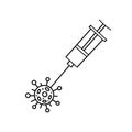 The vaccination icon, symbol. A medical syringe injects the vaccine into a molecule of the virus, the coronavirus. Vector outline