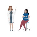 Vaccination immunity cartoon pregnant caucasion woman and caucasion doctor.