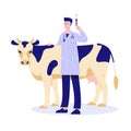 Vaccination of livestock. A veterinarian with a syringe next to a cow. Vector illustration in flat cartoon style.