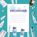 Vaccination poster template concept, text place. White blanc, syringe, tablet, pills, thermometer. Medical treatment Royalty Free Stock Photo