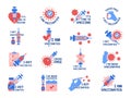 Vaccination symbols. Virus protected badges with syringe picture vaccination pharmaceutical pictures medical sticker