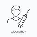 Vaccination syringe flat line icon. Vector outline illustration of person and syringe. Black thin linear pictogram for