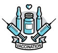 Vaccination theme vector illustration of a syringe with ampules and vial isolated over white, epidemic or pandemic coronavirus Royalty Free Stock Photo