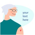 Vaccination time, Stop coronavirus concept. Aged woman after vaccination. Vector illustration with place for your text