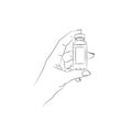 Vaccination. Vaccine in hand outline hand drawn illustrarion on white background