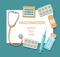 Vaccination virus and disease protection template for your design with stethoscope, syringe, vaccine, pills. Medicine