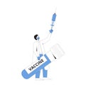 Vaccination. Virus injection syringe. Doctor with flask and syringe. Vector line art illustration