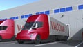 A vaccine being loaded or unloaded from trailer trucks at warehouse, loopable 3D animation