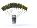 Vaccine bottle that is landing with parachute