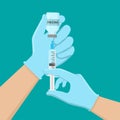 Vaccine bottle and syringe, injection, hand holding vaccine and syringe vector