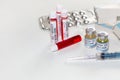 Vaccine bottles with injection syringe, blood sample vials and medical drugs at a healthcare center for detection and treatment of