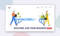 Vaccine and Business Landing Page Template. Bridge from Problems. Male and Female Characters Cross over the Huge Syringe