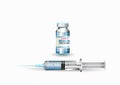 Vaccine clear blue glass bottles and syringe