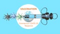 Vaccine concept. Coronavirus particles impale by a medical needle
