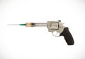 Vaccine concept - syringe as revolver hand gun with sign - poison or cure Royalty Free Stock Photo