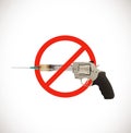 Vaccine concept - syringe as revolver hand gun with sign - poison or cure Royalty Free Stock Photo