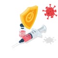 Vaccine coronavirus concept. Syringe with an ampoule under the security shield