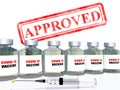 Vaccine coronavirus covid-19 approved seal from oxford england uk vaccination syringe bottle - 3d rendering