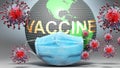 Vaccine and covid - Earth globe protected with a blue mask against attacking corona viruses to show the relation between Vaccine