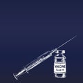 Vaccine Covid-19 syringe leaned on vial medicine bottle vector drawing, White drawing on dark blue gradient square background