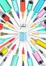 Vaccine cure concept. Drug vial surrounded by colorful syringes with needles pointed towards vaccine Royalty Free Stock Photo