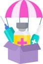 Vaccine delivery plan icon. Parachute flies with a box of vaccines.