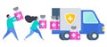 Vaccine delivery plan icon. People are putting the vaccine into the truck.