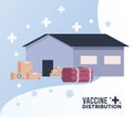 vaccine distribution logistics theme with warehouse, deep freezer and boxes