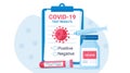 The vaccine and the document on the result of the coronavirus test. Covid-19 report form. Flat style vector.
