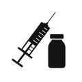 Vaccine icon. Plastic medical syringe and vial icon. Healthcare cure concept, vaccine vial sign - vector