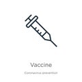 Vaccine icon. Thin linear vaccine outline icon isolated on white background from Coronavirus Prevention collection. Modern line